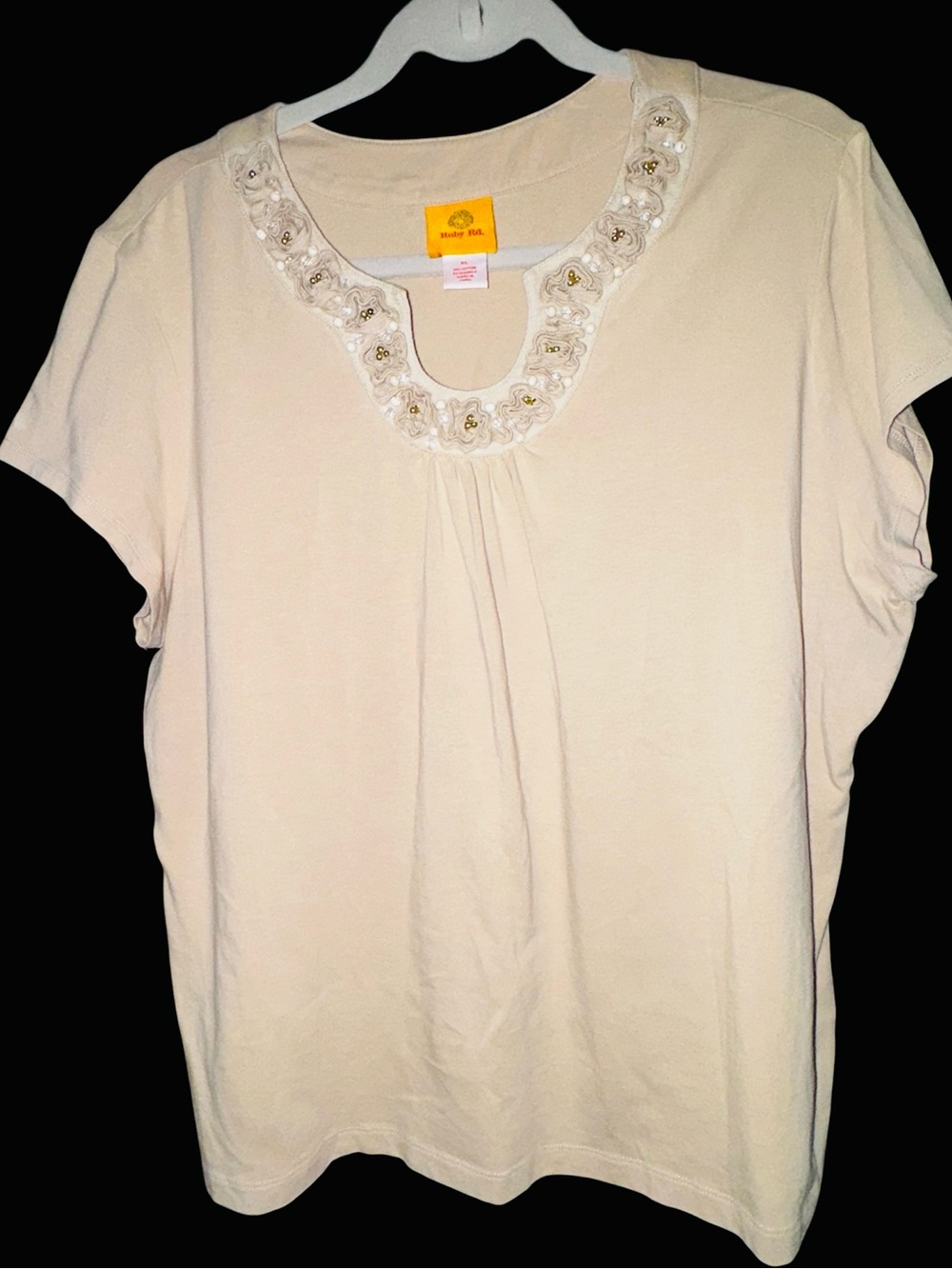 Ruby Rd. Embellished Split Neck Short Sleeve Knit Top 1X Beige Cotton Stretch - Picture 4 of 8